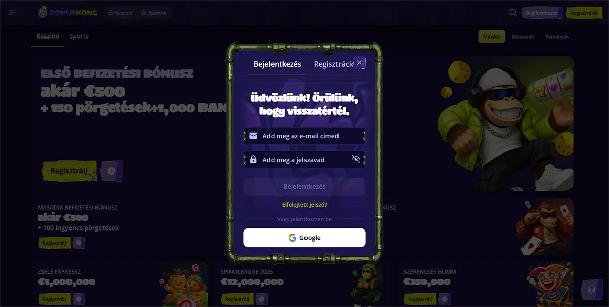 Hungarian casino login popup with email and password fields, Google sign-in option, and a welcome back message displayed over a dark bonus page background.